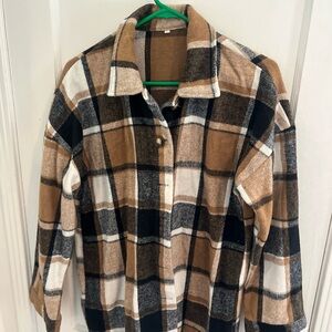 Plaid Button-Up Shackt in Black, White, and Tan